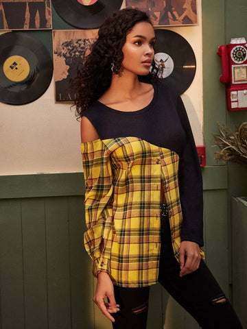 Two Tone Tartan Open Shoulder Tee
