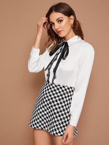 Contrast Lace Tie Front Satin Blouse