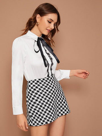 Contrast Lace Tie Front Satin Blouse