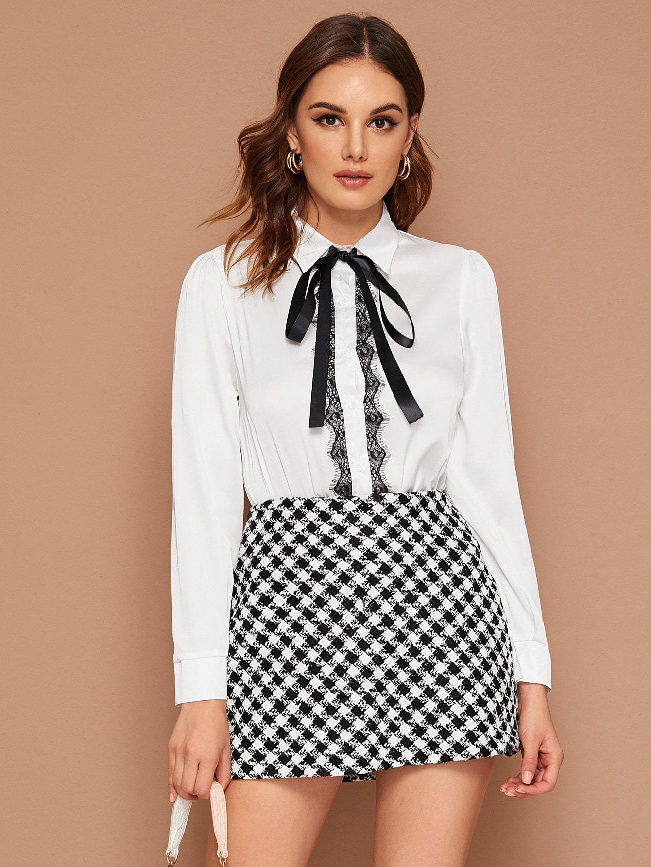 Contrast Lace Tie Front Satin Blouse