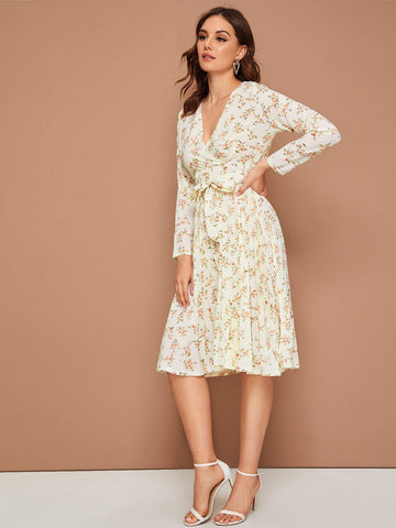 Floral Print Wrap Front Belted Dress