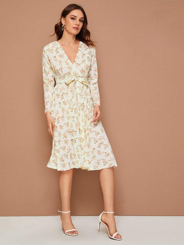 Floral Print Wrap Front Belted Dress