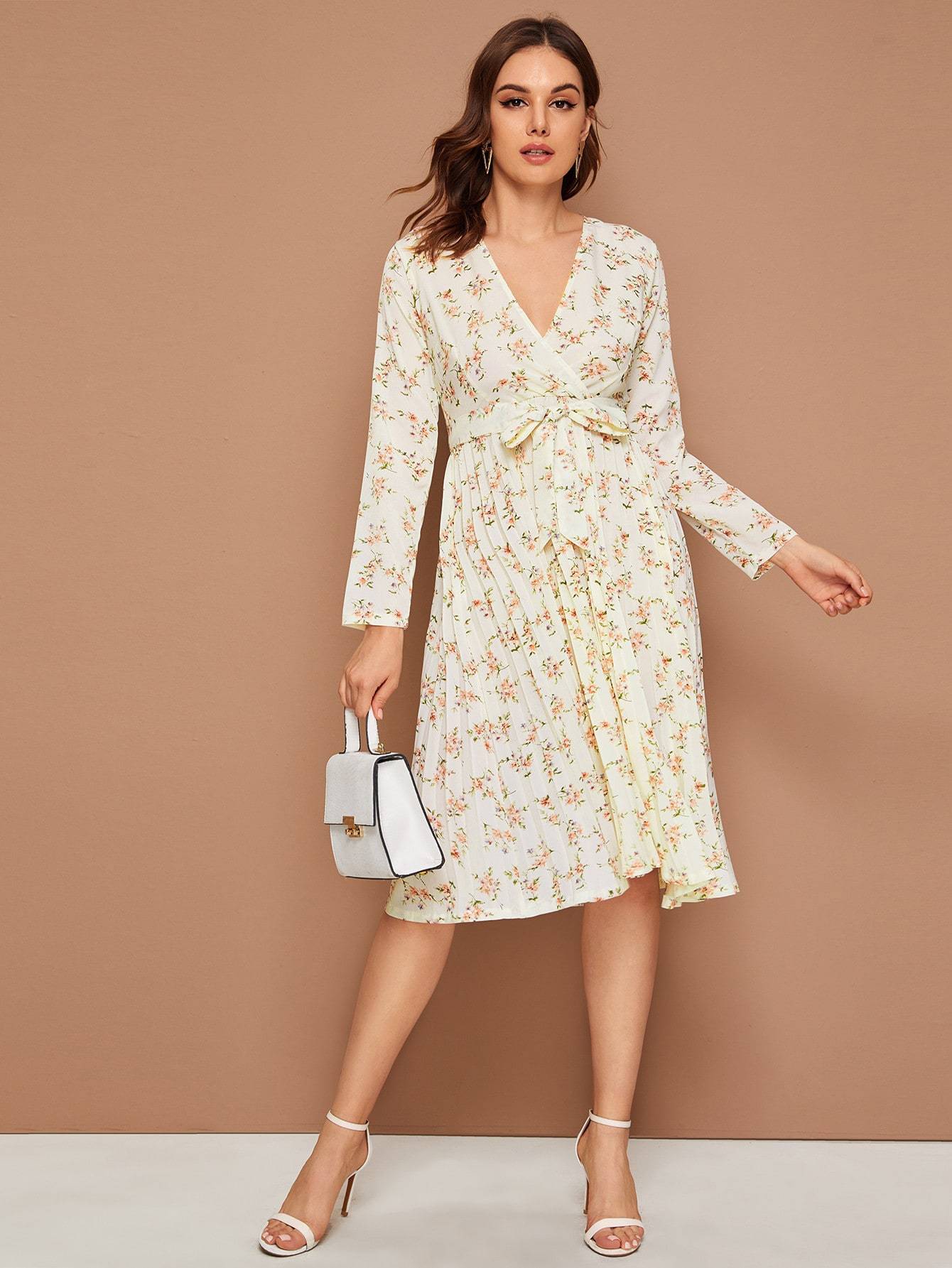 Floral Print Wrap Front Belted Dress