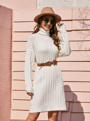 Turtleneck Fluffy Knit Jumper Dress Without Bag