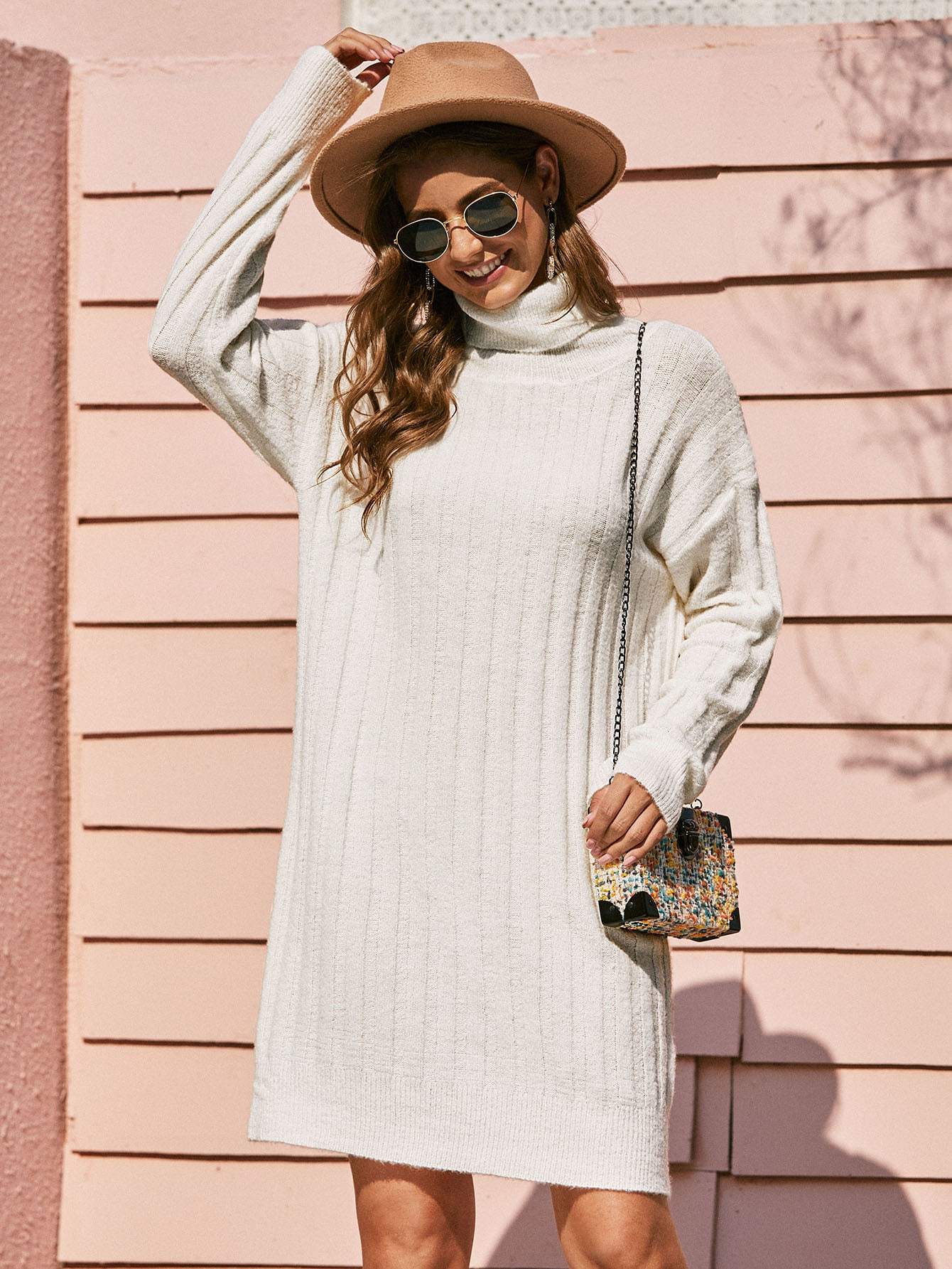 Turtleneck Fluffy Knit Jumper Dress Without Bag