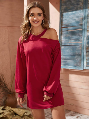 Asymmetrical Neck Solid Sweatshirt Dress