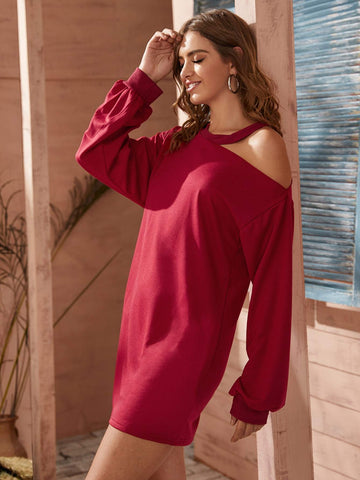 Asymmetrical Neck Solid Sweatshirt Dress