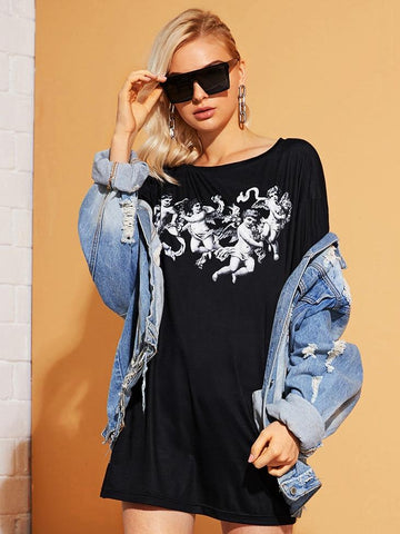 Angel Print Longline Oversized Tee