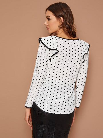 Polka Dot Ruffle Trim Blouse