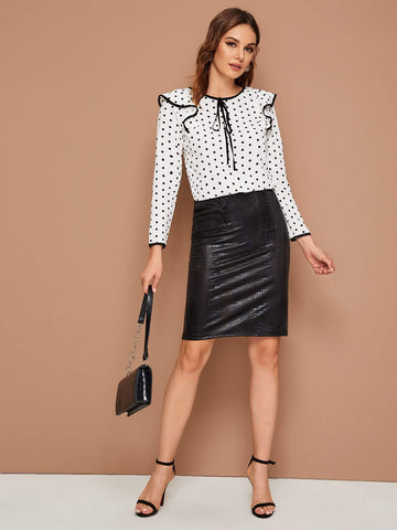 Polka Dot Ruffle Trim Blouse