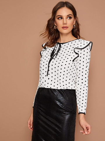 Polka Dot Ruffle Trim Blouse