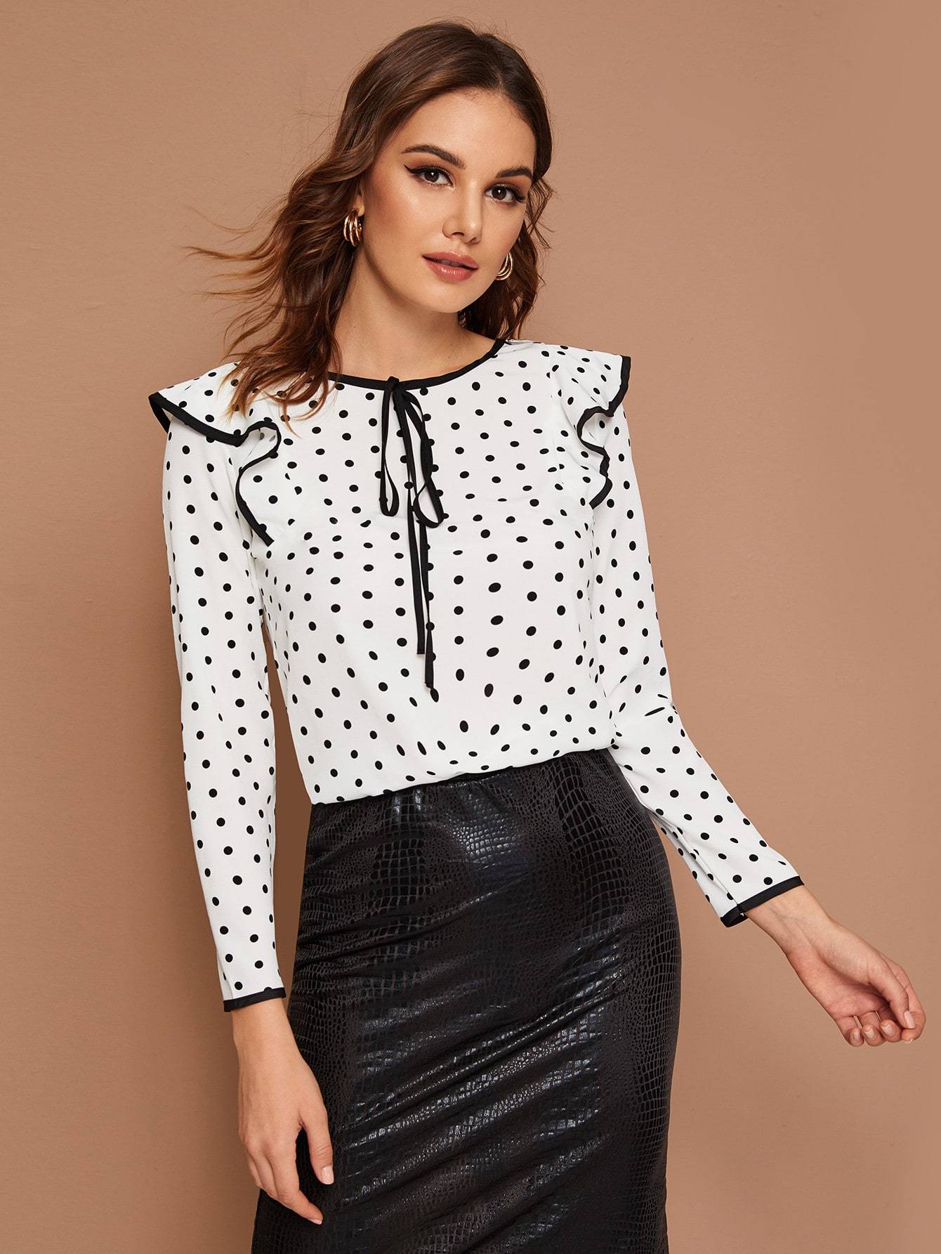Polka Dot Ruffle Trim Blouse