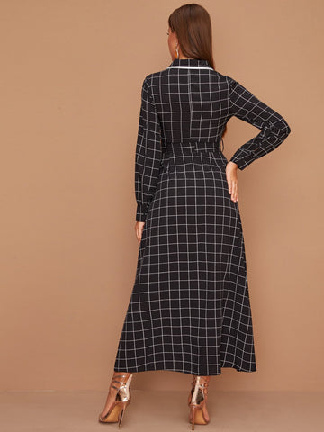 Plaid Print Contrast Binding Belted Shirt Dress