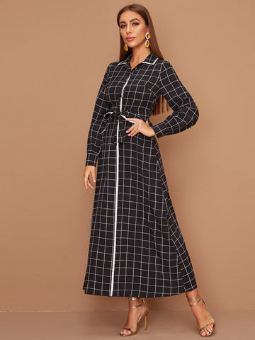 Plaid Print Contrast Binding Belted Shirt Dress