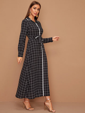 Plaid Print Contrast Binding Belted Shirt Dress