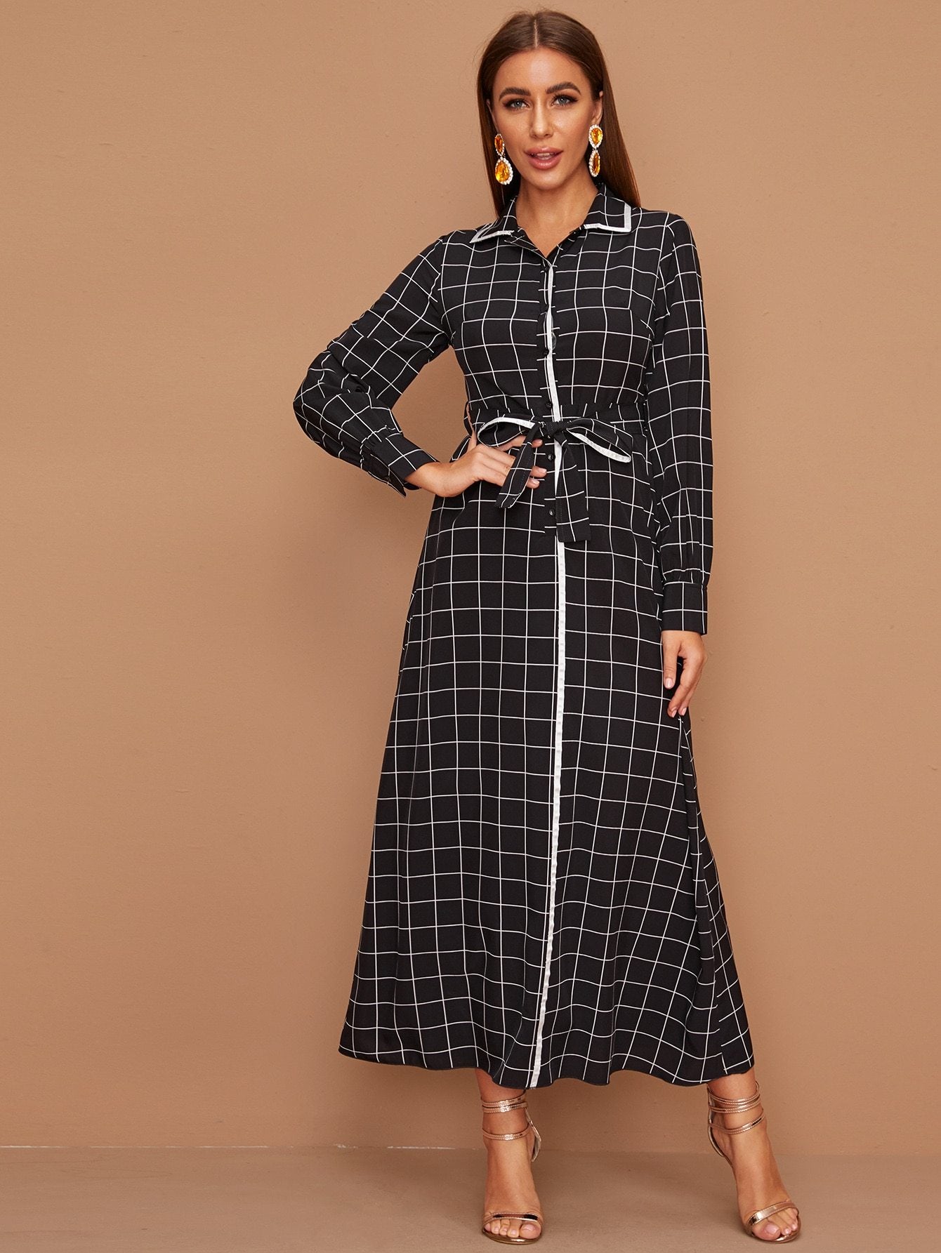 Plaid Print Contrast Binding Belted Shirt Dress