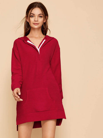 Split Side Ribbed Zip Front Hooded Sweatshirt Dress