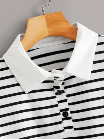 Polo Neck Striped Long Sleeve Tee