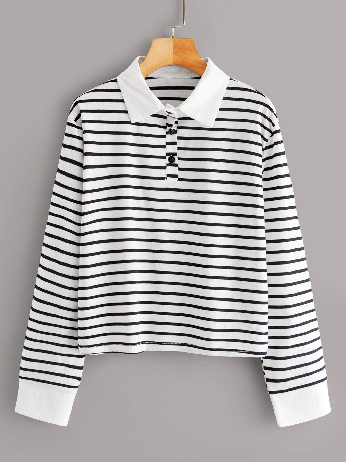 Polo Neck Striped Long Sleeve Tee