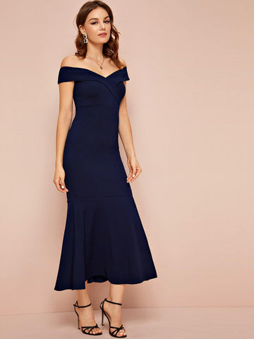 Off Shoulder Split Fishtail Hem Dress