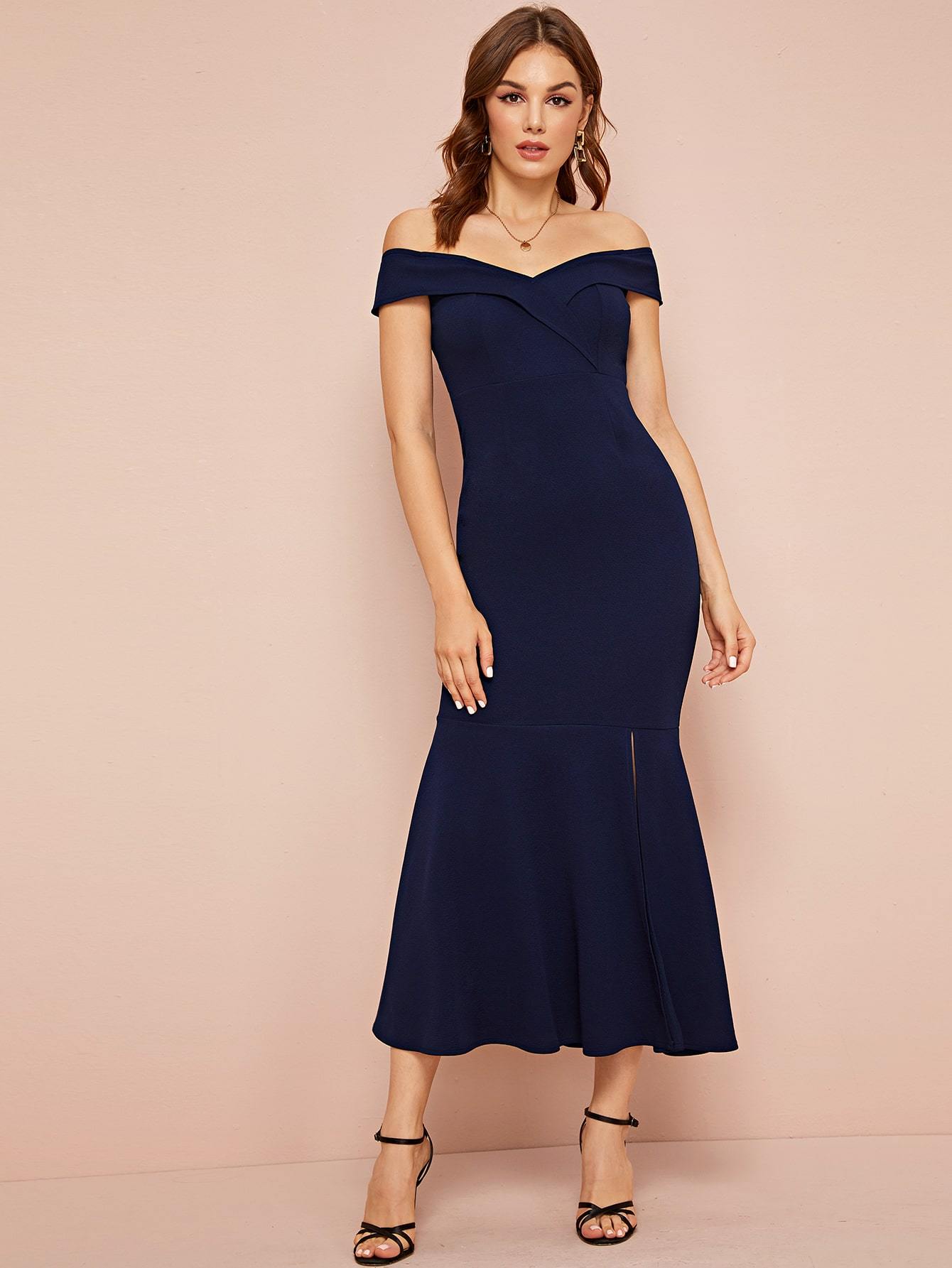 Off Shoulder Split Fishtail Hem Dress