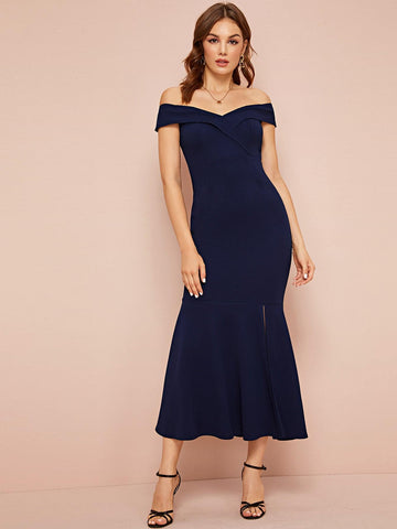 Off Shoulder Split Fishtail Hem Dress