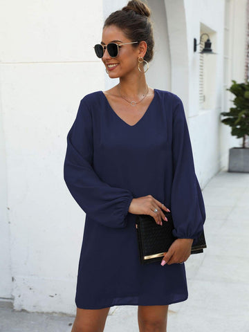 Solid V-neck Tunic Dress