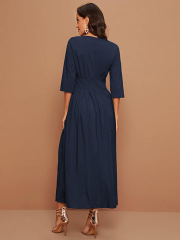 Solid V-neck Flare Hem A-line Dress