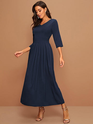 Solid V-neck Flare Hem A-line Dress