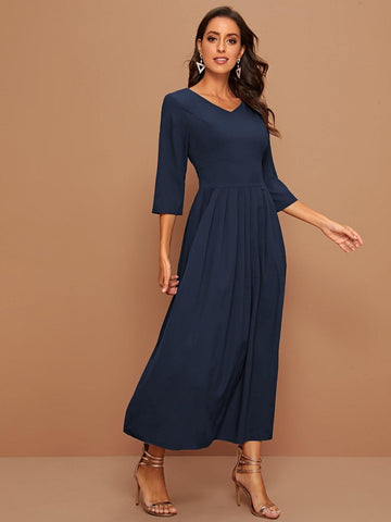 Solid V-neck Flare Hem A-line Dress