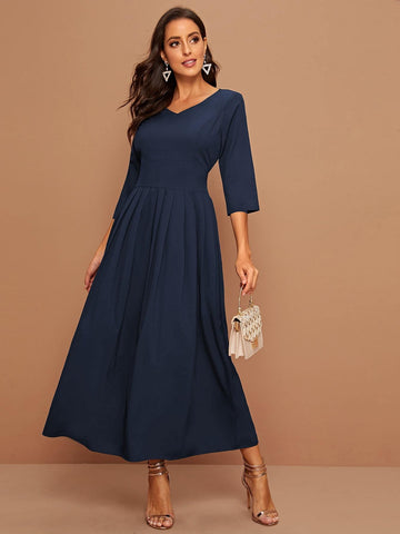 Solid V-neck Flare Hem A-line Dress