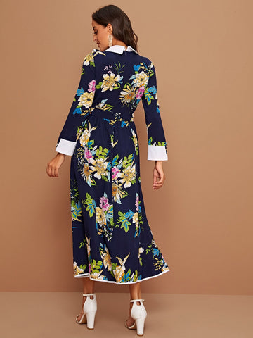 Floral Print Ruffle Trim Shirt Dress