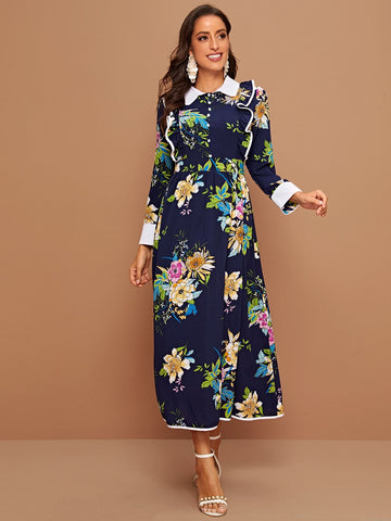 Floral Print Ruffle Trim Shirt Dress