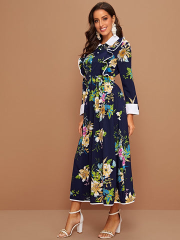 Floral Print Ruffle Trim Shirt Dress