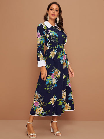 Floral Print Ruffle Trim Shirt Dress