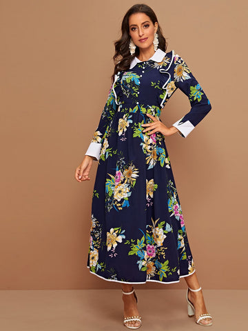 Floral Print Ruffle Trim Shirt Dress