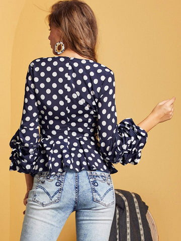 SBetro Polka-dot Gathered Sleeve Peplum Top