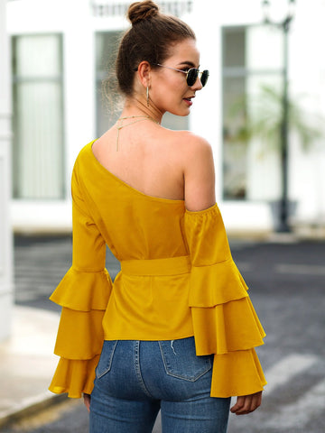 Asymmetrical Neck Flounce Sleeve Belted Blouse