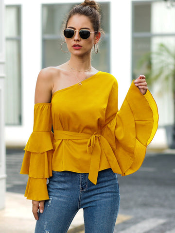 Asymmetrical Neck Flounce Sleeve Belted Blouse