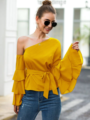 Asymmetrical Neck Flounce Sleeve Belted Blouse