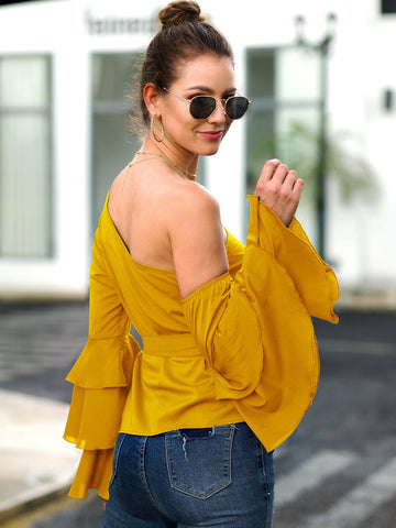 Asymmetrical Neck Flounce Sleeve Belted Blouse