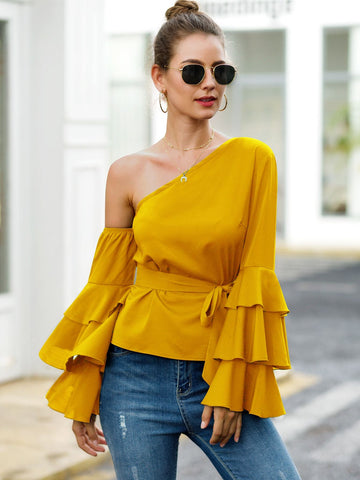 Asymmetrical Neck Flounce Sleeve Belted Blouse