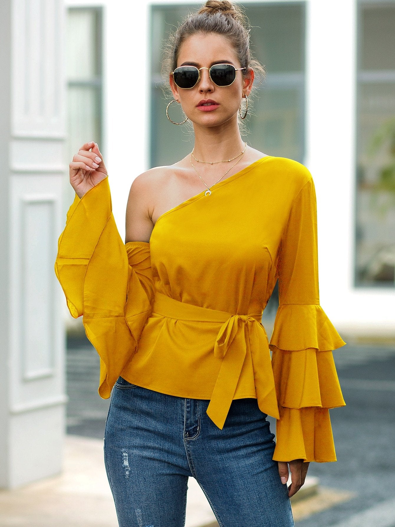 Asymmetrical Neck Flounce Sleeve Belted Blouse