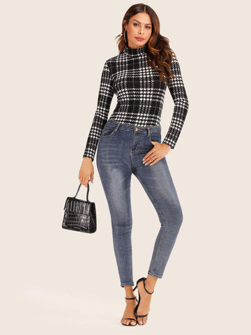 Mock Neck Tartan Plaid Skinny Tee