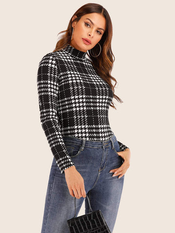 Mock Neck Tartan Plaid Skinny Tee