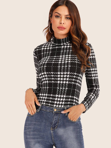 Mock Neck Tartan Plaid Skinny Tee