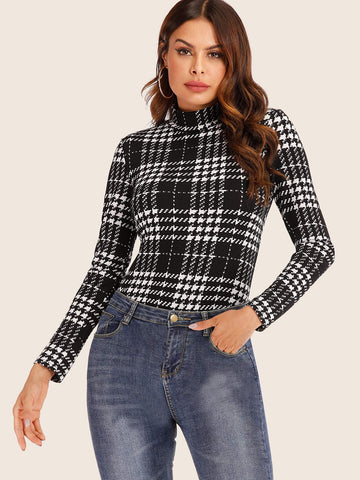 Mock Neck Tartan Plaid Skinny Tee