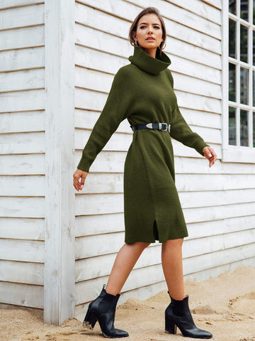 Turtleneck Ribbed Knit Jumper Dress Without Belt