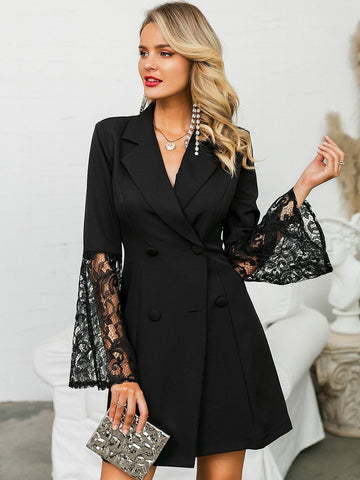 Glamaker Lace Bell Sleeve Double Button Blazer Dress