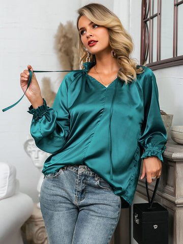 Glamaker Frilled Neckline Raglan Sleeve Satin Top